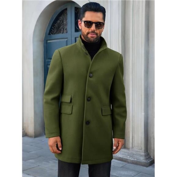 Mens Pea Coats Single Breasted with Pockets Green - Picture 1 of 5